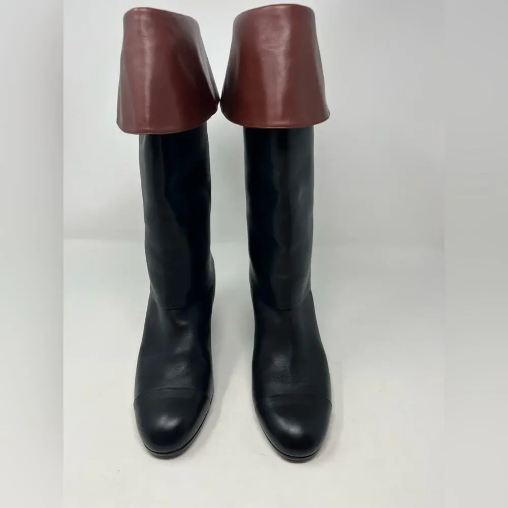 Chanel CC Cap Toe Fold Over Riding Boot Black Brown Leather Block Heel size 38.5